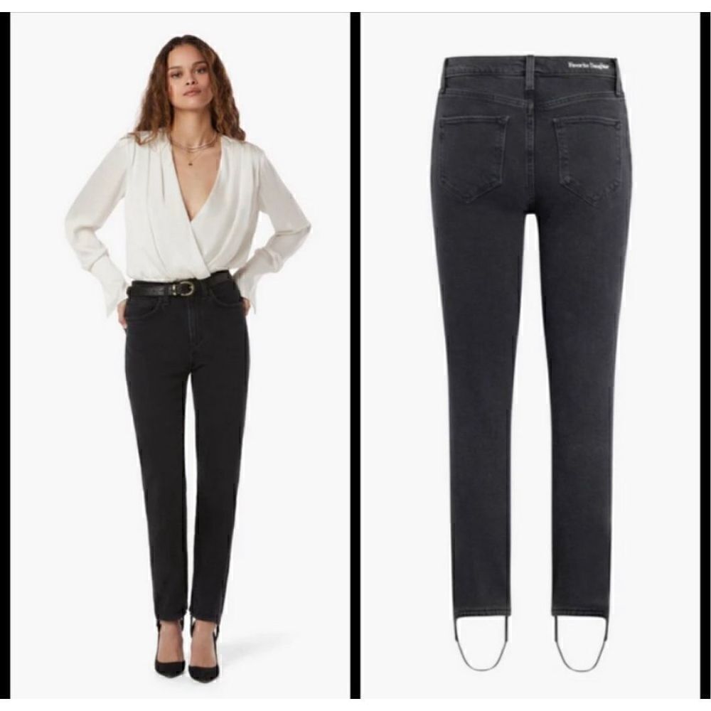 Favorite Daughter Evelyn High Rise Straight Leg Storm Black Jeans Stirrups NWT!